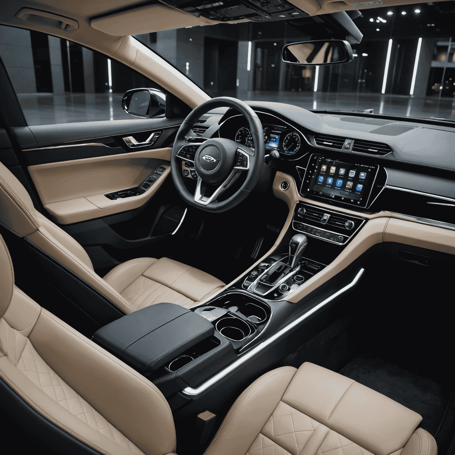 Een moderne, high-tech autointerieur met geavanceerd dashboard en comfortabele stoelen, die de innovatieve technologieën van RevTech_Dynamics showcasen. Het interieur straalt luxe en comfort uit, met zachte verlichting en een ruimtelijk gevoel.